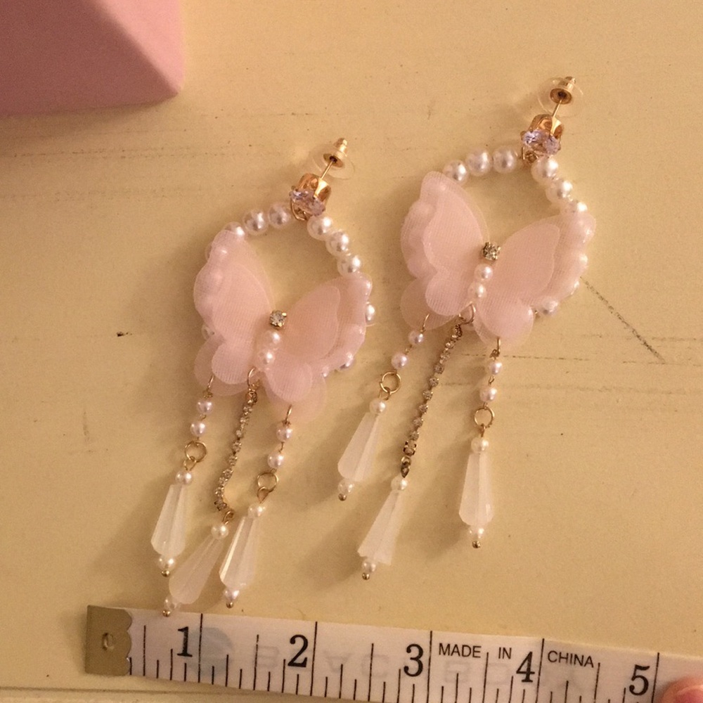 Pink Butterfly + Crystal Pearl Boho Drop Statement Earrings - Picture 11 of 11